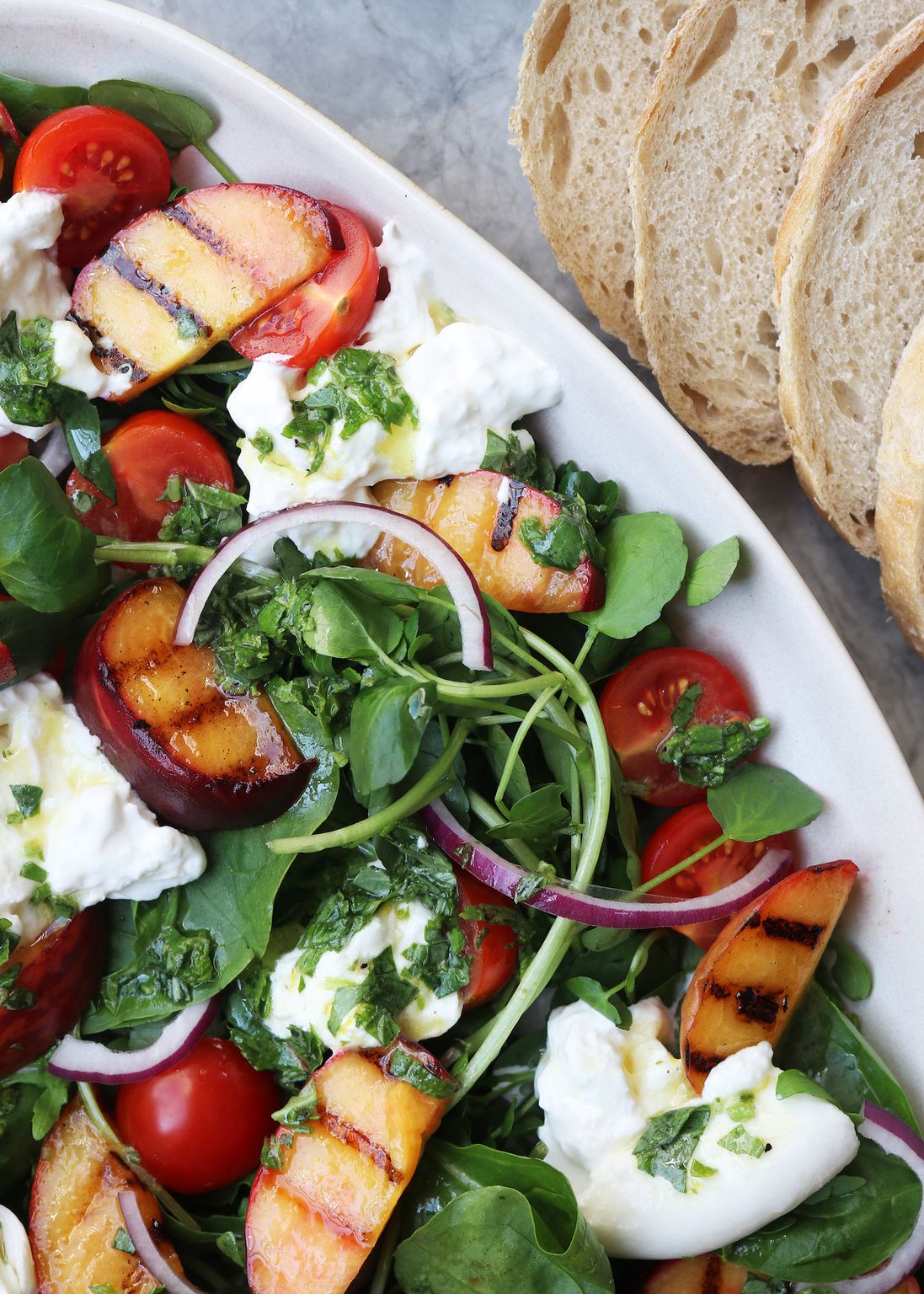 Grilled Peach and Burrata salad with Basil and Mint Vinaigrette