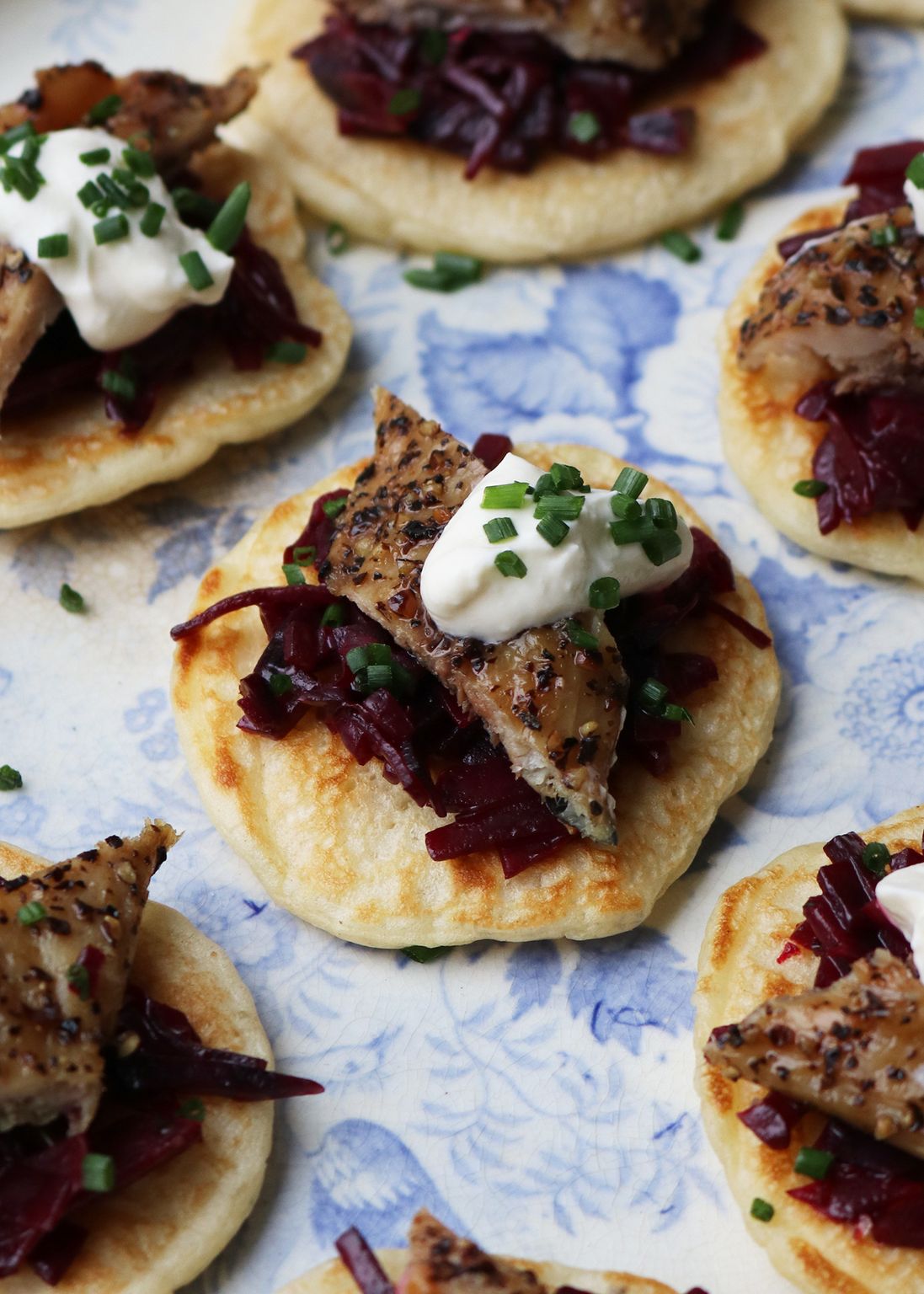 BLINIS WITH BUTTERED BEETROOT & SMOKED MACKEREL