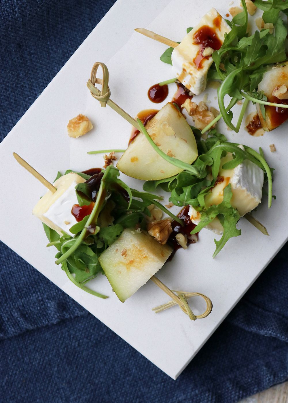 PEAR & BRIE SKEWERS WITH A DRIZZLE OF BALSAMIC VINEGAR