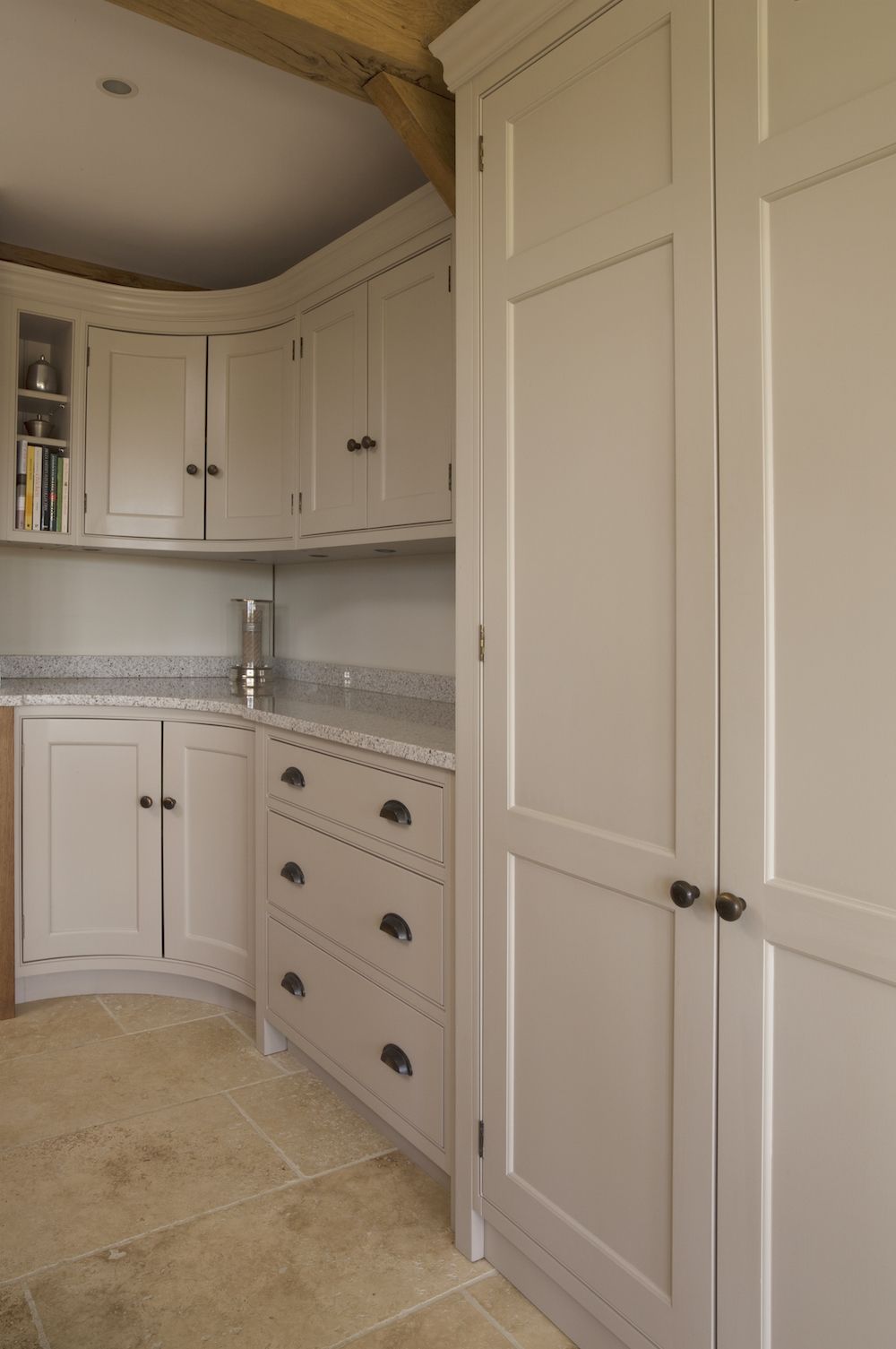 Hand-painted kitchen cabinetry in Farrow & Ball "Elephant's Breath".