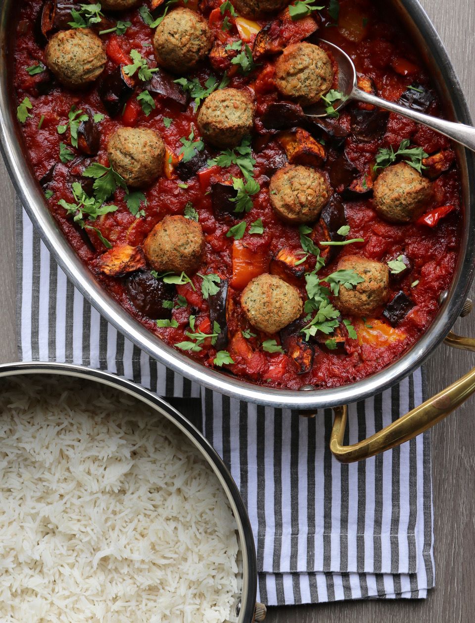 Falafel, Aubergine & Harissa Tomato Stew