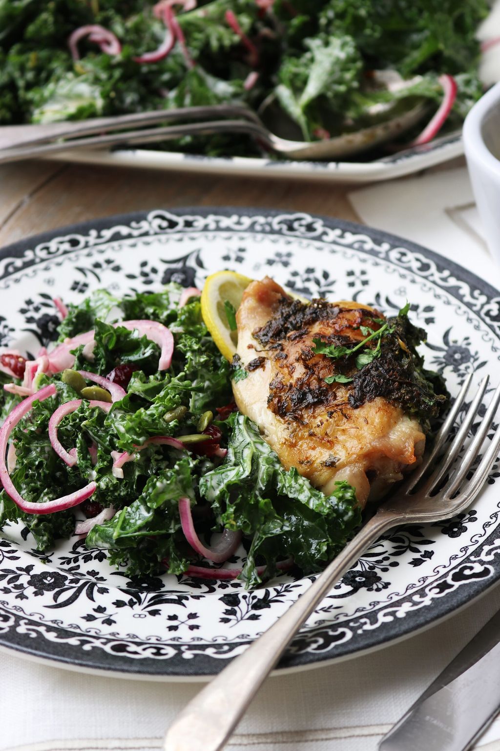 Herby Roast Chicken Thighs with Fresh Kale Salad